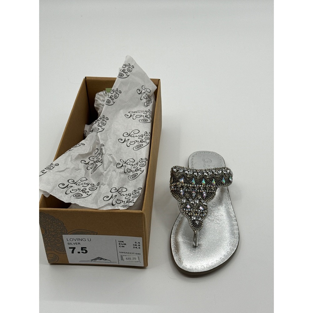 Naughty Monkey Loving U Silver Leather Rhinestone Thong Sandals NMSA0237-040 7.5